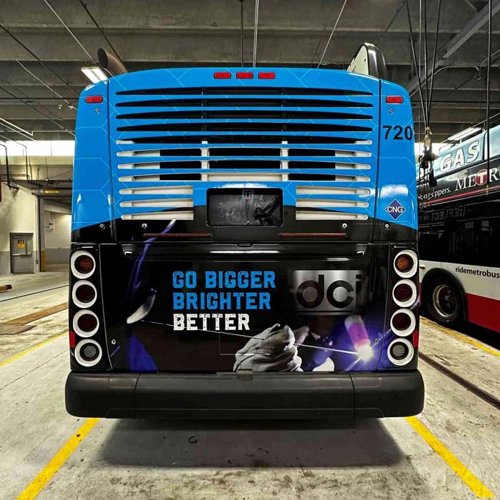 A back view of a bus